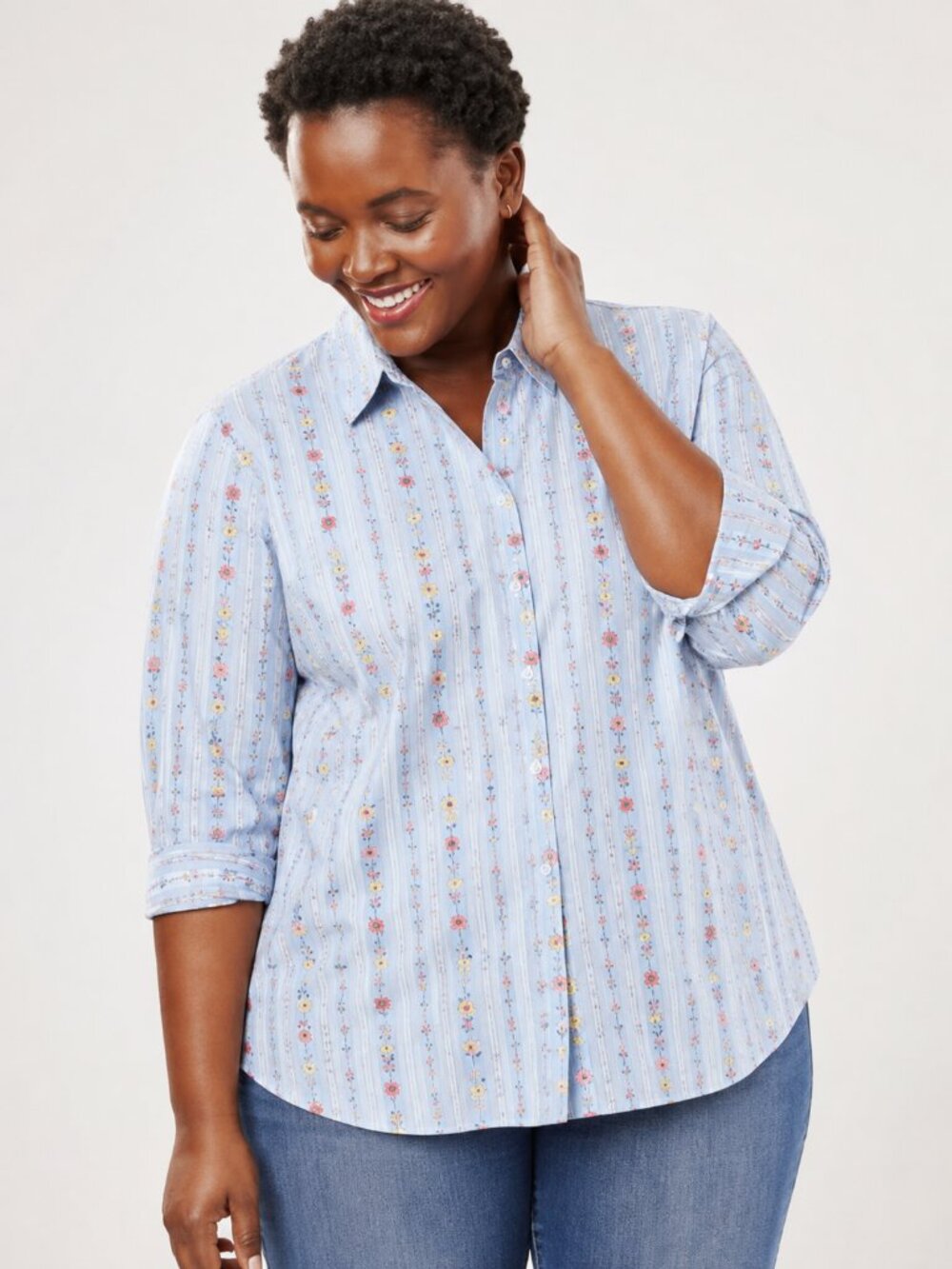 Woman Within Large 18/20 Blue Floral Stripe Button Down 100% Cotton Long Sleeve